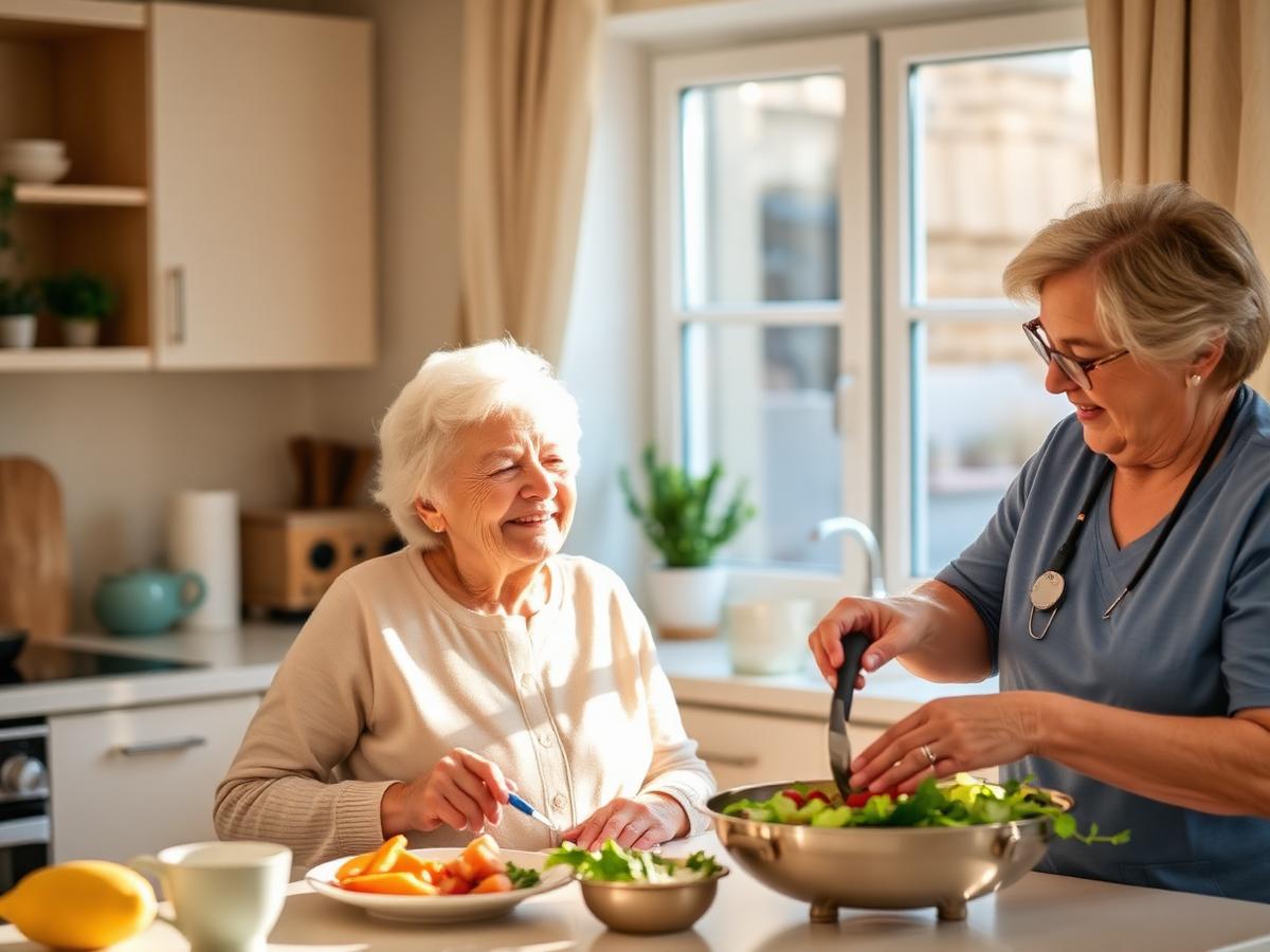 Caregiver preparing a meal with a senior woman