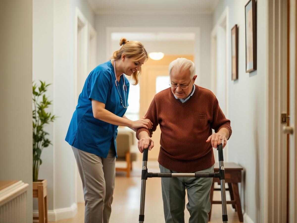 Caregiver assisting a senior man with a walker